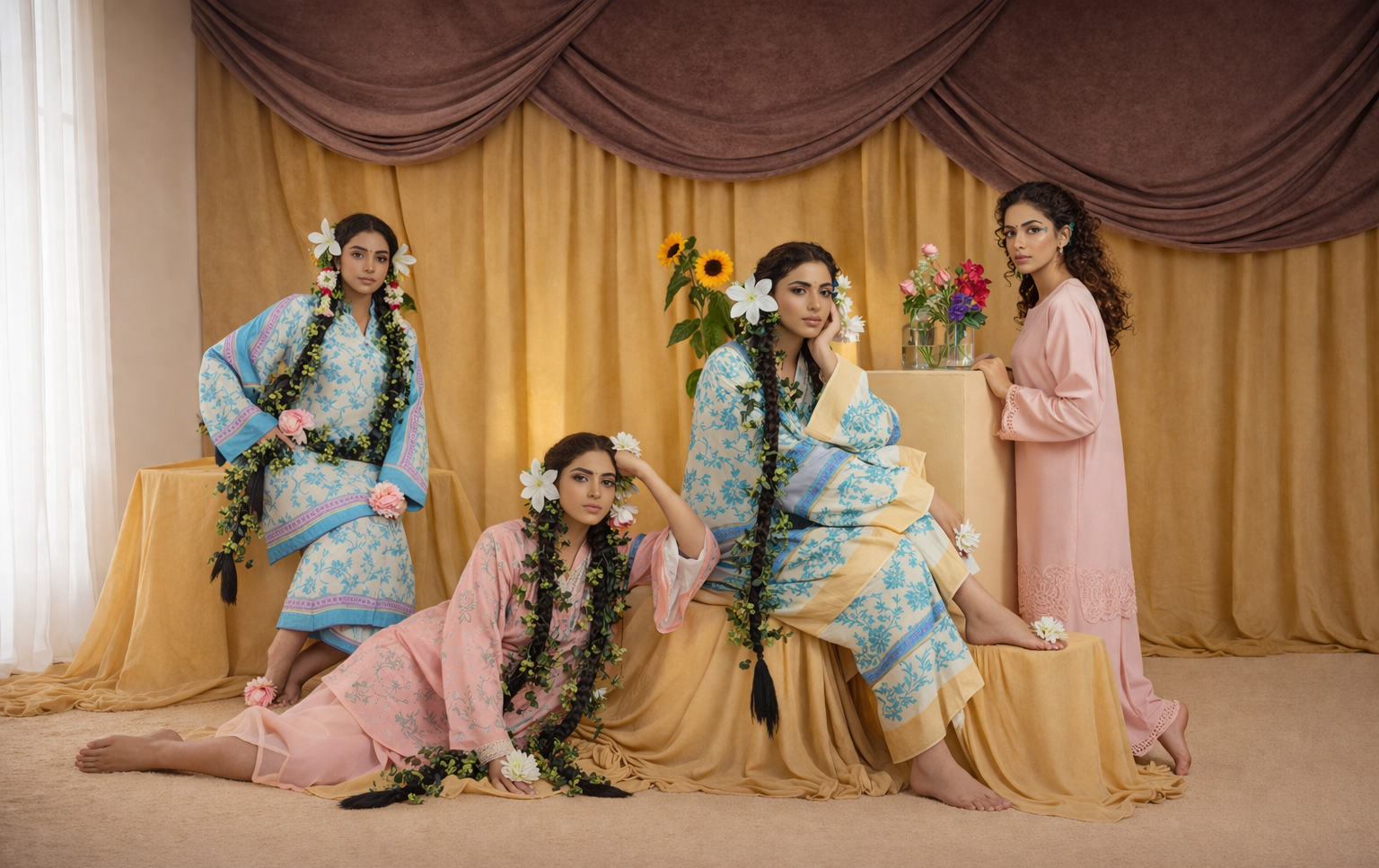 Four women in traditional attire with floral decorations against a beige curtain background